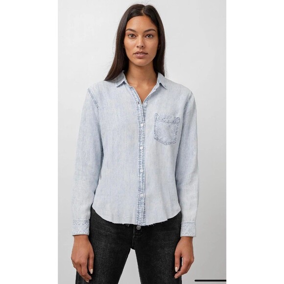 Rails Denim Ingrid Raw Hem Shirt Light Acid Wash Button Up Long Sleeve Sz XS - Picture 8 of 8
